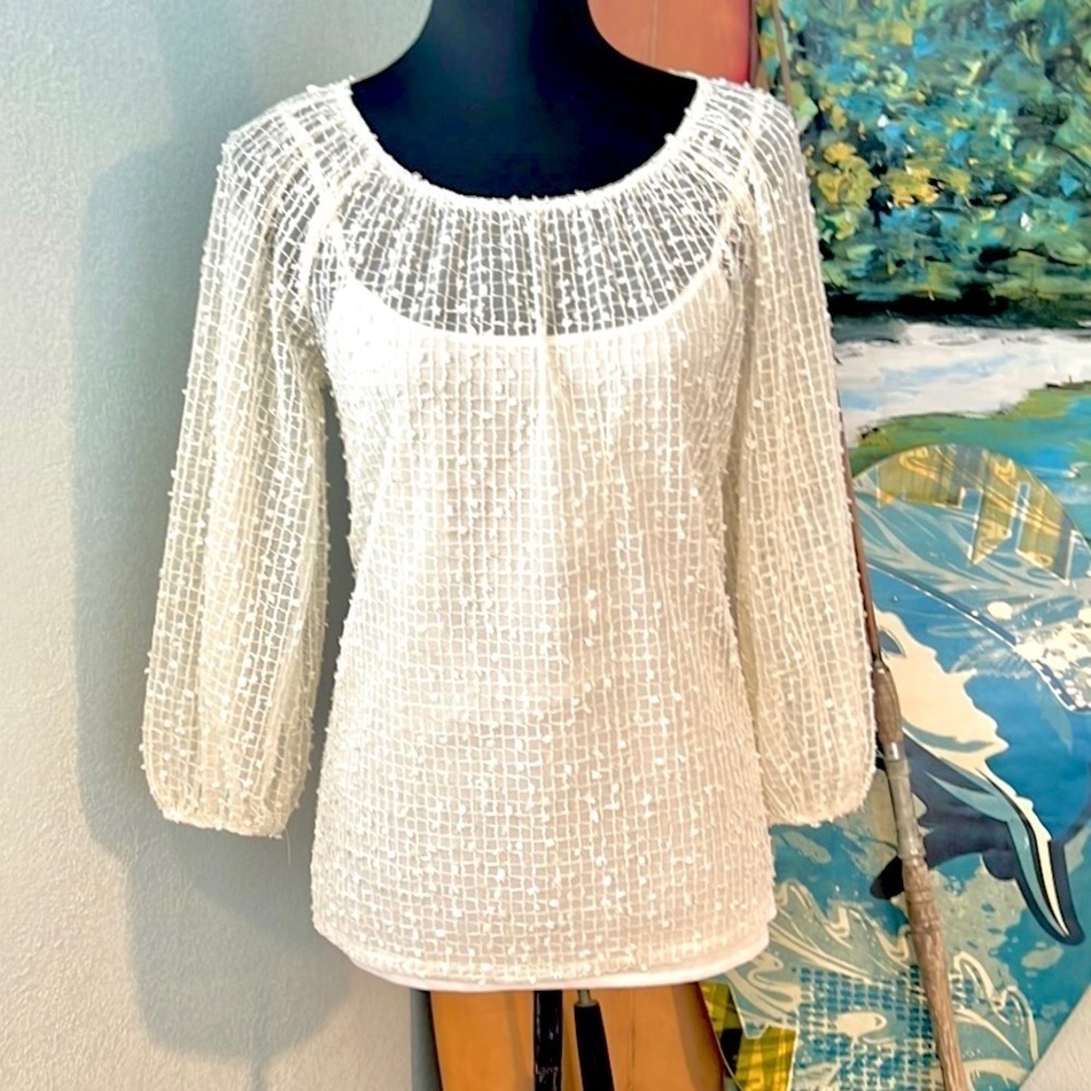 Isaac Mizrahi, Lightest Cream Sequined Blouse, Tank-Lined, Excellent Condition - Picture 3 of 11
